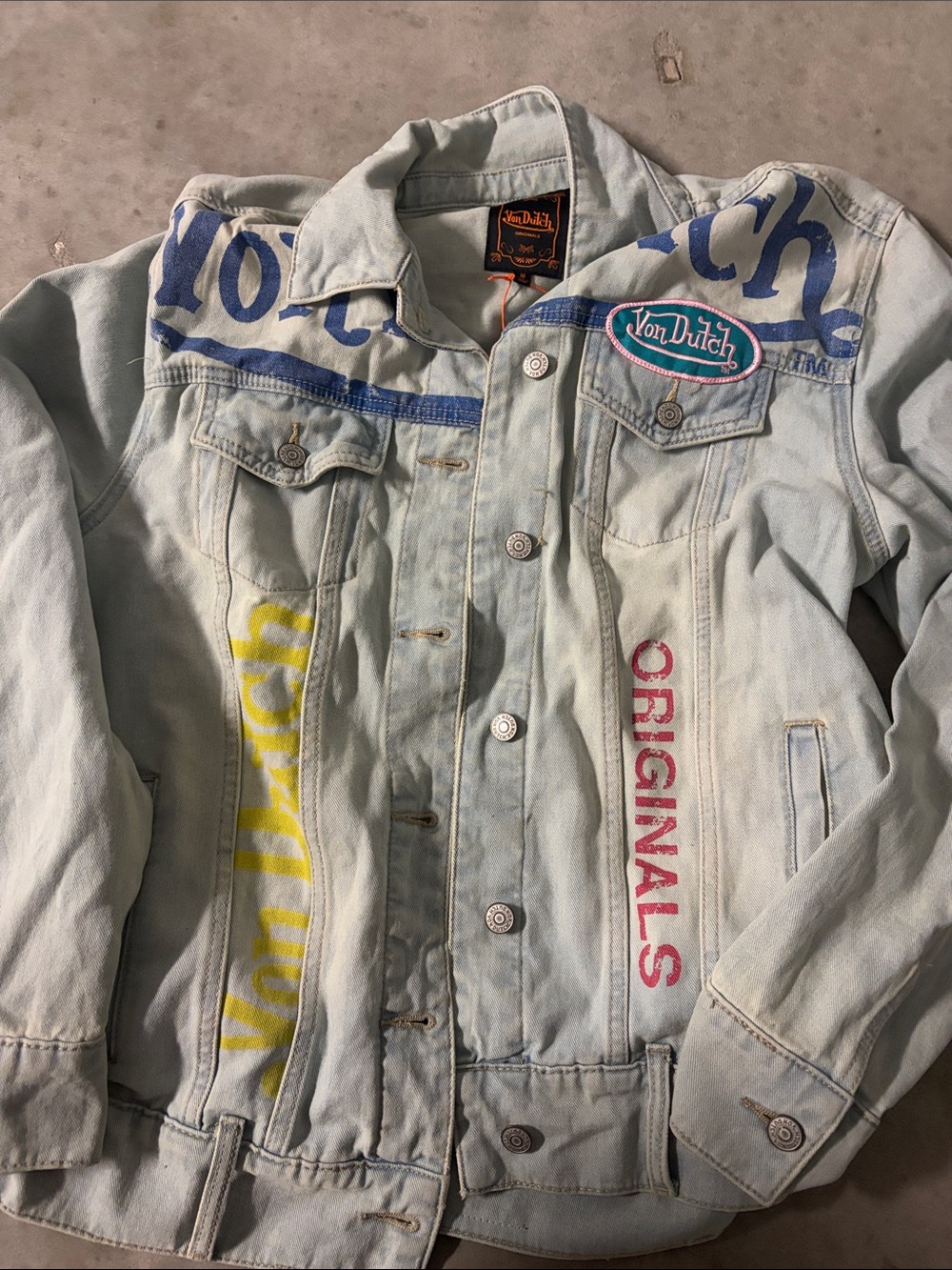 Von Dutch Light Wash Denim Jacket with Blue, Yellow, Pink Accents